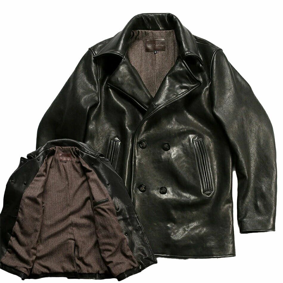 Leather Jacket - 本革ジャケット フライトジャケット レザージャケット 革ジャン 本革 革ジャケット レザーコート メンズ 父の日 高品質 防風 防水 防寒 送料無料襟をめくって2列に並んだ牛の角ボタン