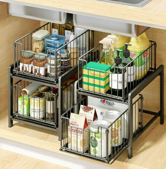 2個セット シンク下収納ラック スライド 引き出し式 調味料ラック 大容量2段式 キッチン収納ラック スパイススタンド 洗面台?隙間整理棚 組立簡単 安定性