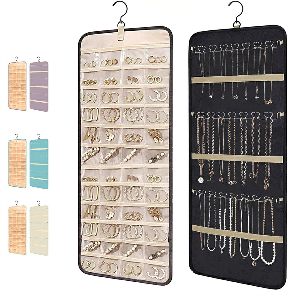 納 吊り下げ式ジュエリーオーガナイザー 収納ロール ハンガー付き メタルフック付き ジュエリーホルダー イヤリング ネックレス クローゼット 壁 ドア 1個 4カラー