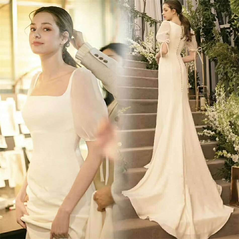 樂天商城 - ウエディングドレス 二次会 シンプル ロングドレス 結婚式 人気 ドレス 半袖 ウエディングドレス 花嫁 後撮り ファスナー 海外挙式 リゾートウエディング ビーチフォト パーティードレス