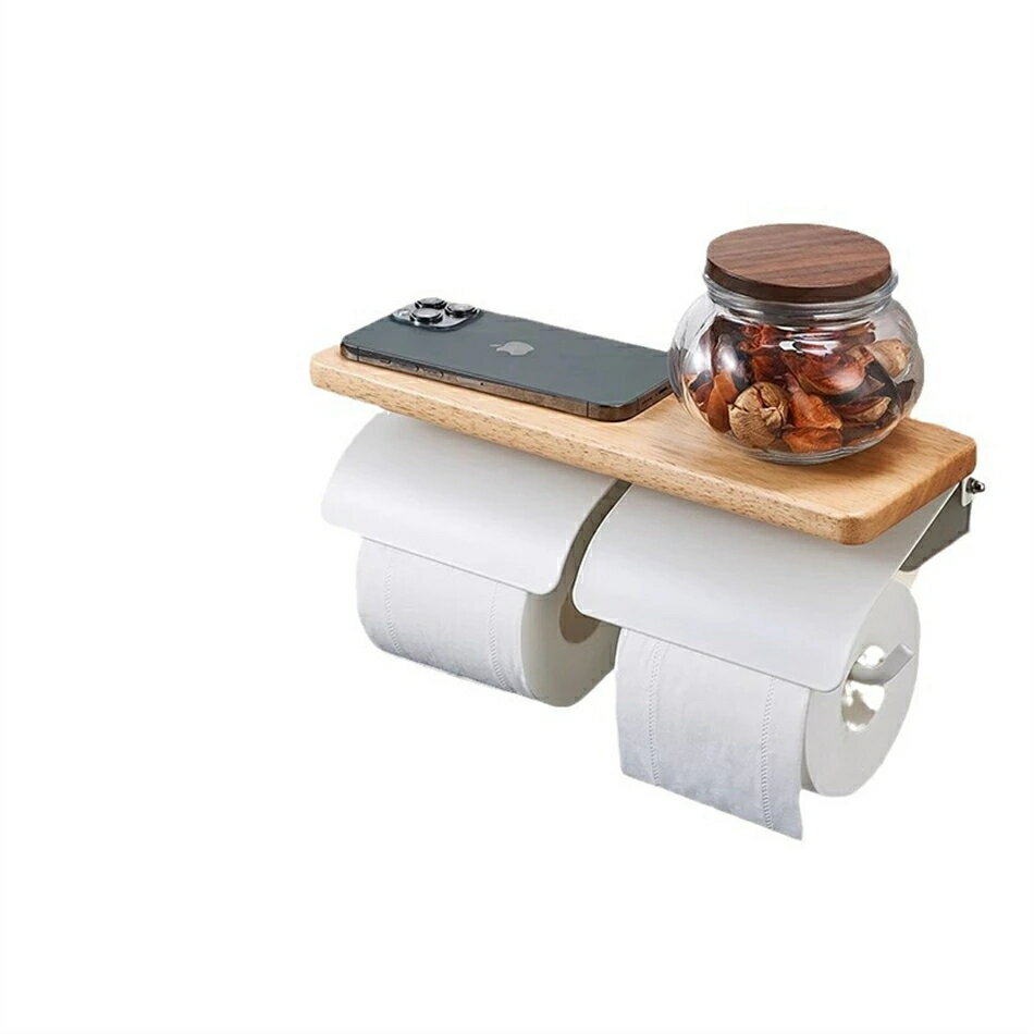 Holder - 木製トイレットペーパートイレットペーパーホルダー おしゃれ 2連 ダブル アイアン アンティーク 収納 飾り棚 カバー モダン シンプル DIY ブラック ホワイト天然木 棚付き家庭用トイレットロールペーパーホルダー