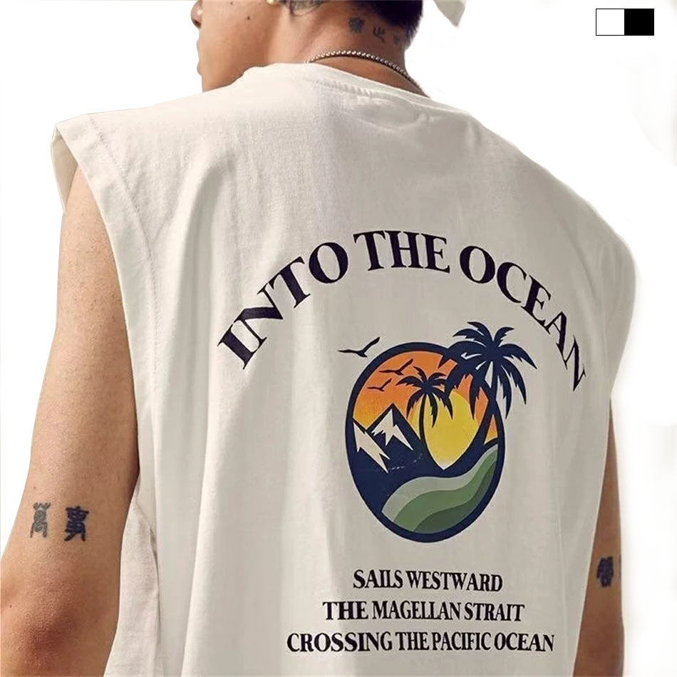 Rakuten - 夏ノースリーブTシャツオレンジスエードチョッキ着袖なしお洒落男性メンズTシャツ上着アメリカアルファベットプリント綿