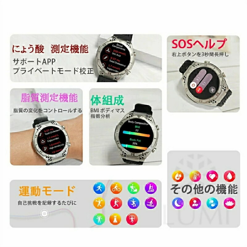 【工場直営★ 品質保証】 血糖 値 計 スマート ウォッチ 血圧 心電図 尿酸値測定 モニタリング 皮膚温度 心拍数 着信通知 1.43インチ大画面 日本語 sos スマートウォッチ 通話機能 IP65防水 iPhone Android LINE 男女兼用 日本語取説 腕時計 丸型 贈り物 父の日 ギフト