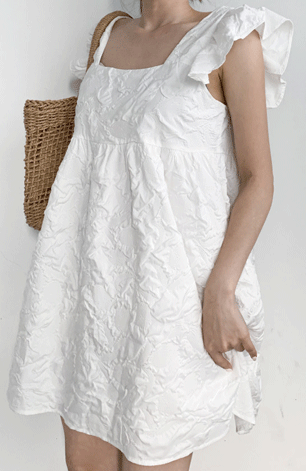 チュニック ワンピース レディース ジャガード ミニワンピース スクエアネック フリル フレンチスリーブ 大人可愛い 体型カバー 夏 お出かけ 旅行 トレンド 服装 韓国ファッション OL 涼しい