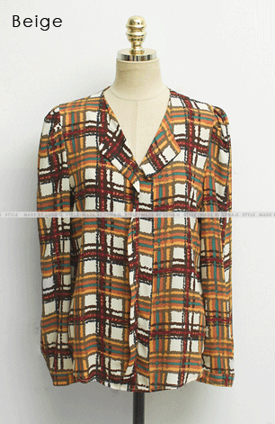 秋色チェック長袖ブラウスvネックフォーマルスーツインナー着やせ華奢見え保護者会お呼ばれ体型カバー母ママ入学式入園式七五三お宮参り同窓会服装レディース新作【メール便送料無料】[Beige/Charcoal][Free]