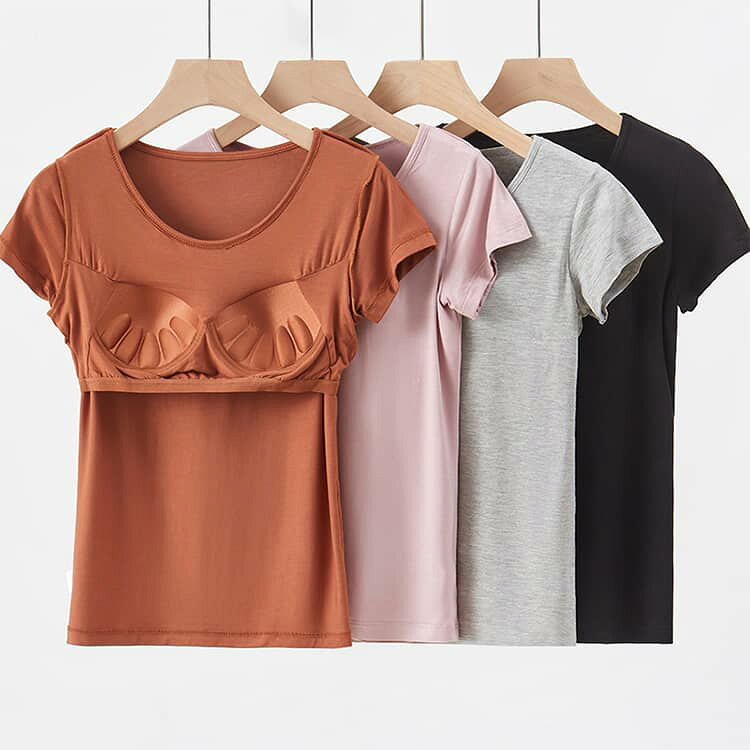 カップ付きTシャツ トップス レディース 半袖 Uネック ブラトップ インナーシャツ ...
