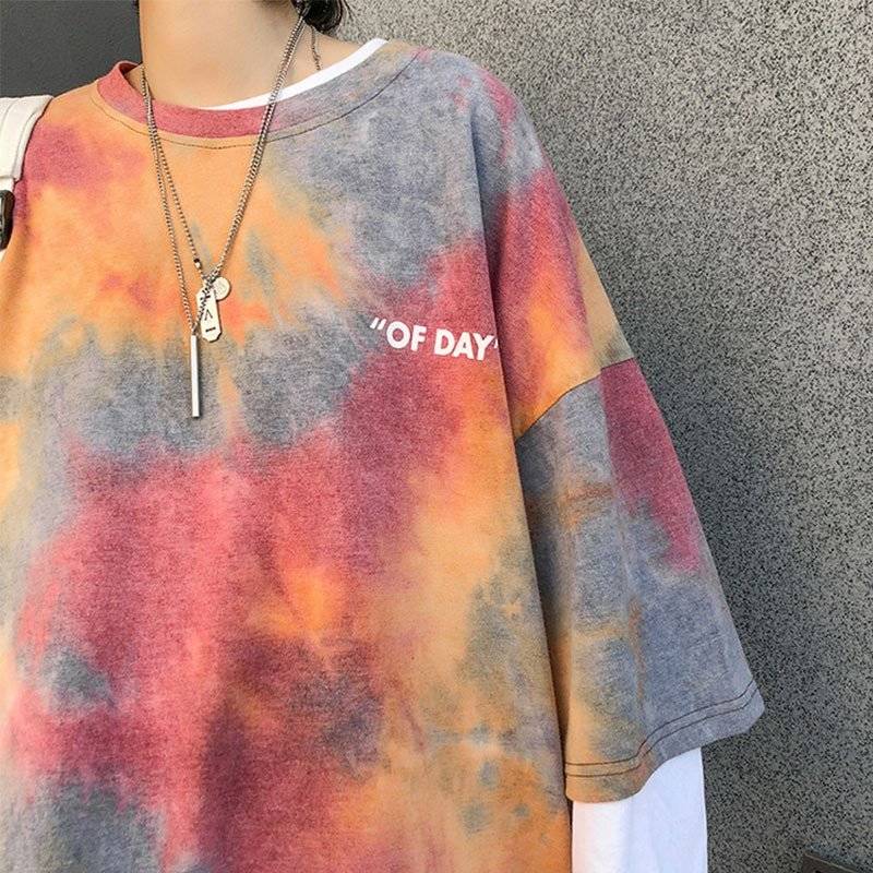 乐天商城 - Tシャツ レディース タイダイ柄 半袖 夏 ゆるい トップス 韓国ファッション 原宿系 BF風 ヒップホップ ダンス ストリート風 カジュアル