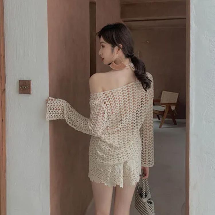 セパレート みずぎ タンキニ ビキニ トップス 韓国 透かし編み 3点セット 長袖 カップ付き 水泳 レディース 水着 学生 スイムウェア 大人 水着 女性 リゾート かわいい みずぎ ビーチ 海 温泉 プール S M 透かし編み