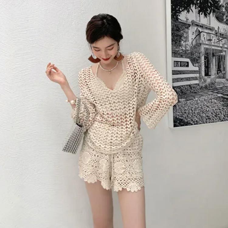 セパレート みずぎ タンキニ ビキニ トップス 韓国 透かし編み 3点セット 長袖 カップ付き 水泳 レディース 水着 学生 スイムウェア 大人 水着 女性 リゾート かわいい みずぎ ビーチ 海 温泉 プール S M 透かし編み