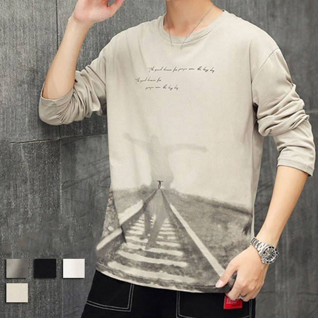 乐天商城 - 丸首 20代30代40代 tシャツ 長袖 カーキ メンズ トップス 秋物 長袖tシャツ プリント メンズ スポーツ コットン 秋冬 カットソー メンズ用