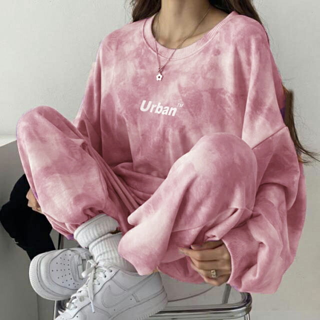 厚さ選べる!ルームウェア 上下セット タイダイ染め スウェット トレーナー レディース ジャージ セットアップ 部屋着 ロングパンツ 長ズボン 長袖 プルオーバー トップス 大きいサイズ ビッグシルエット パジャマ ダンス衣装 スポーツウエア 裏起毛 秋冬 春