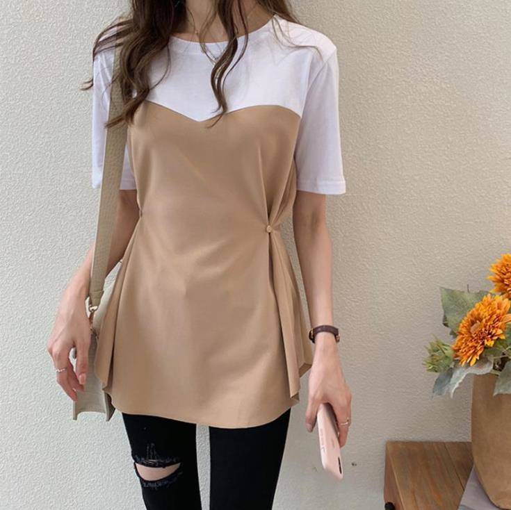 乐天商城 - Tシャツ レディース 40代 春夏 半袖Tシャツ 配色トップス フェイクレイヤード オシャレ 大きいサイズ 通勤 カジュアル韓国風 ゆったり 学生Tシャツ