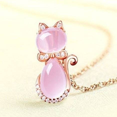 乐天商城 - ネックレス レディース ねこ 猫 しずく ピンク水晶 ジルコニア ペンダント ステンレスチェーン 送料無料 アレルギー