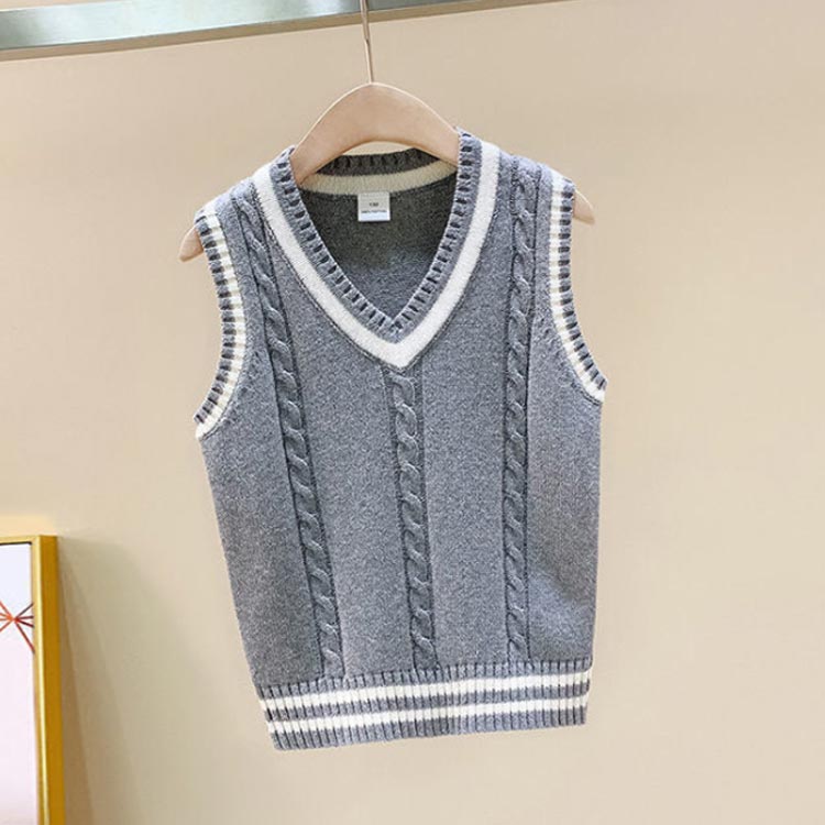 Luna martのニットベスト キッズ スクールベスト 制服 Vネック 男の子 女の子 スクールセーター 配色ライン ケーブル編み コットン 綿 キッズ服 子供服 子ども服 ニット トップス 学生服 ジュニア コスプレ｜アングル3