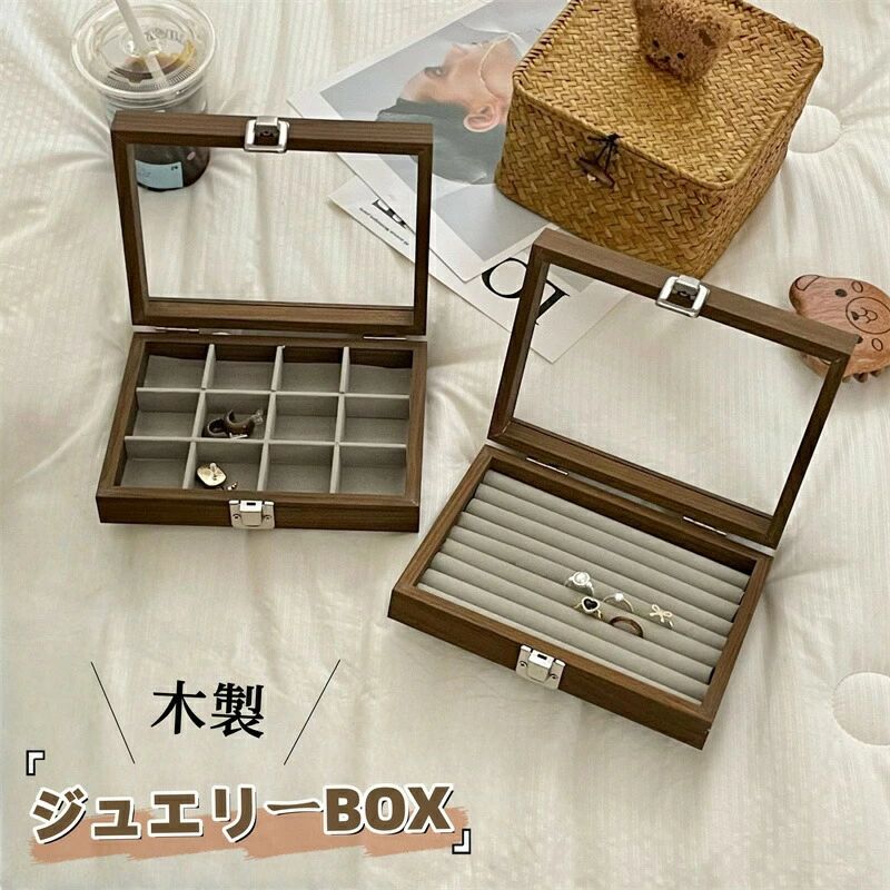 指輪 コンパクト アクセサリー収納 ピアス 持ち運び 木製 ジュエリーボックス ブレスレット 1段 収納 収納ケース ジュエリーケース 仕切り イヤリング ネックレス アクセサリーケース アクセサリー 蓋付き 透明 リング