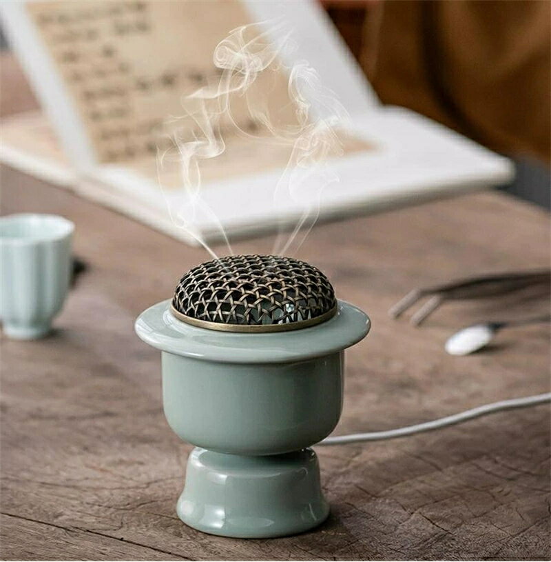 Rakuten - 送料無料 アジアン風 110V 電子香炉 しずろ 茶香炉 電気 日本香道 香炉 セラミックス製 簡単操作 練香 形香 アロマ 線香 香皿 香料パウダー 香料エッセンス 蓋付き