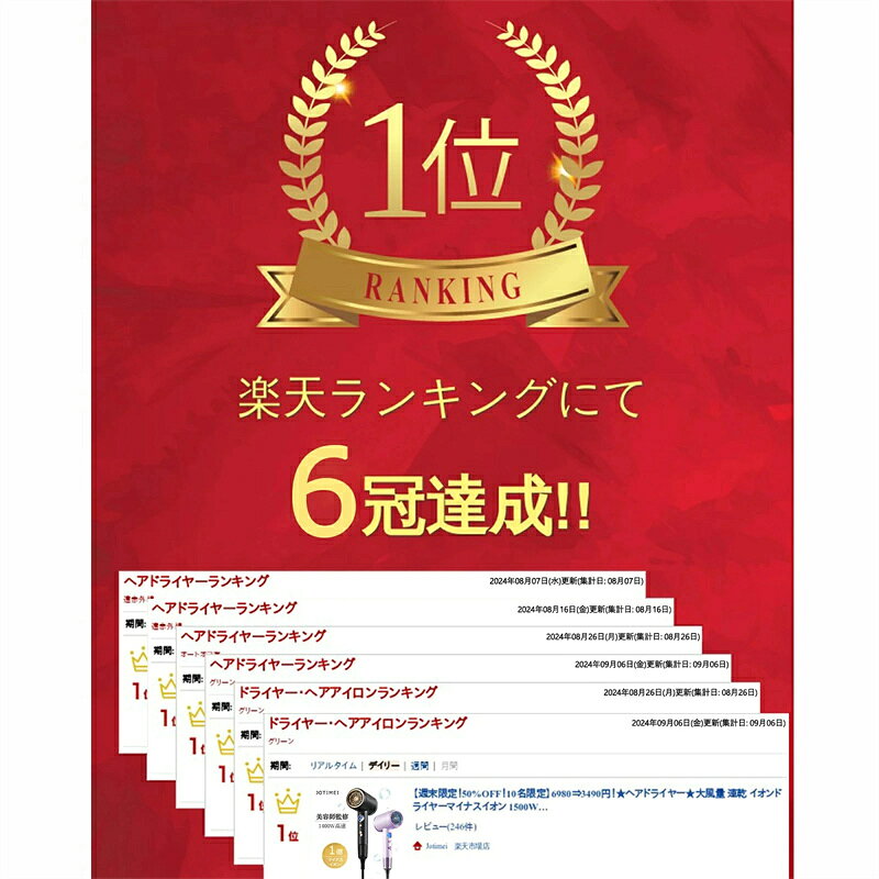 ドライヤー 速乾 大風量 2億マイナスイオン 軽量 静音 1年保証 高速ドライヤー ヘ...