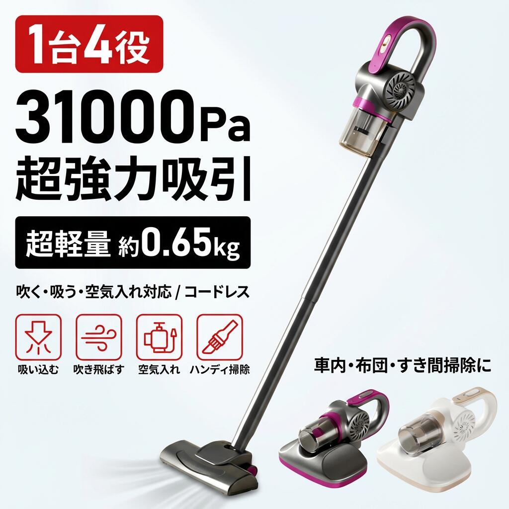 吹き飛ぶ/吸い込む/空気入れ対応 コードレス掃除機 31000Pa 超強力吸引 サイクロン式 軽量 スティック ハンディ クリーナー 充電式 小型 HEPAフィルター 多重濾過 一人暮らし 車用 新生活 ポイント消化 プレゼント ギフト 人気 おすすめ 母の日 父の日 誕生日