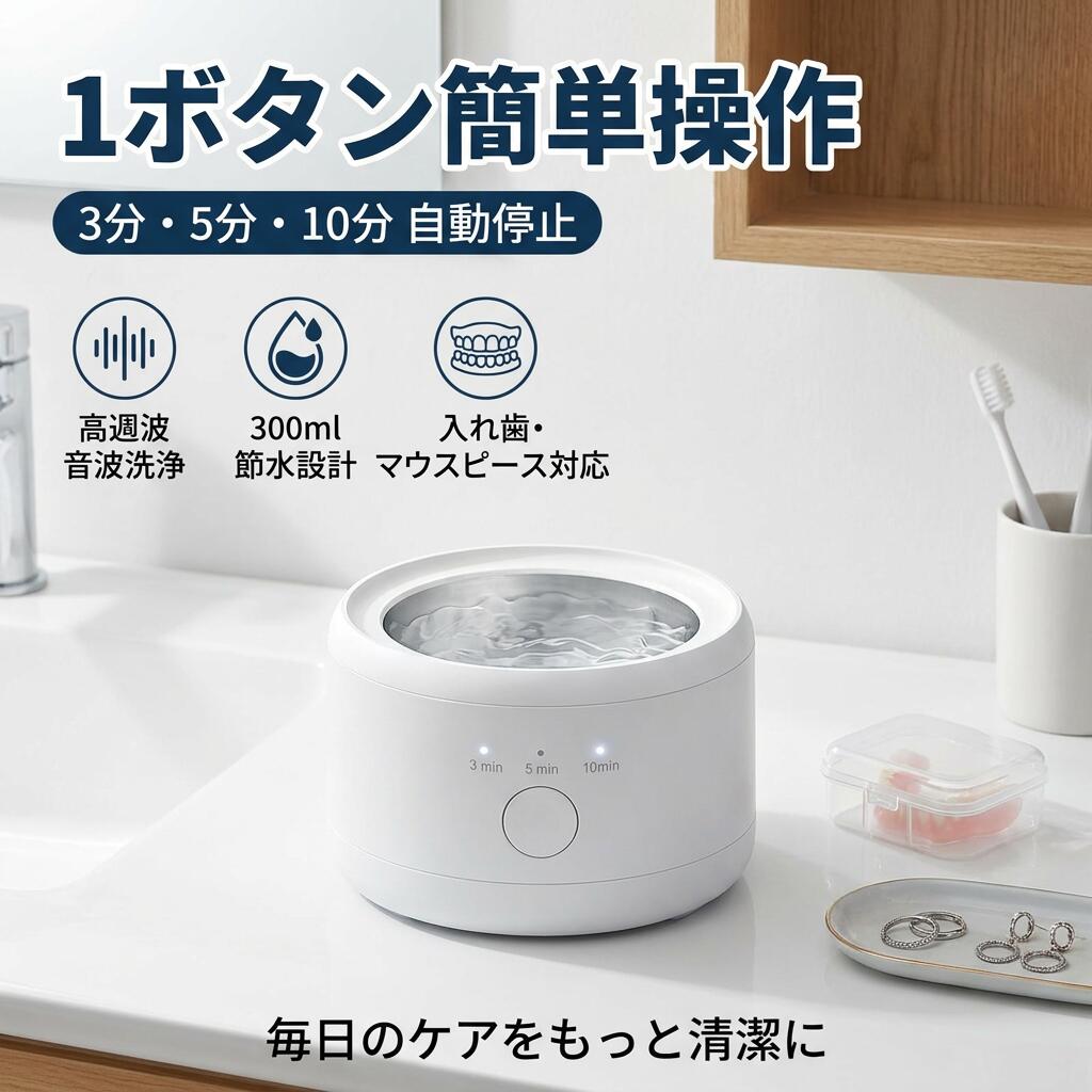 軽くてコンパクト、旅行やレジャーにとても便利。金具周辺などの汚れをすみずみまで徹底除去、汚れを効率よく落とせます。 強力の洗浄力なので、毎日使っている物のお掃除に、特にオススメ！貴重なアクセサリーやシェーバーの刃などの取れにくかった細かい汚れもスッキリ！高週振動波の力であなたの毎日をきれいにします。 最大50000Hz振動で、水中に目に見えない細かい気泡が無数に発生します。その気泡のはじける瞬間に出る衝撃波が手の届かない微細な隙間の汚れを粉砕して、布やブラシ、水流では落ちない汚れをスッキリ取り除きます。 注意事項 ・ラッピング対応は行っておりません。 ・予告なく仕様変更になる場合がございます。 ・写真はイメージです。実際の商品と若干異なる場合がございます。 ・基本は全国一律送料無料と対応させていただきますが、沖縄・北海道・離島地域へお届けの場合は別途送料をご請求させていただきます。 ・商品のサイズは採寸方法によって、若干な誤差が生じる場合はあります。ご了承ください。 品質保証 ・出品商品は全て新品未使用です。 ・安心の初期不良対応 ：万が一商品に不具合があった場合は、商品到着後7日以内にご連絡ください。 ・不具合の状況確認のため、写真や動画のご提供をお願いする場合がございます。確認後、速やかに「新品交換」または「ご返金」にて対応させていただきます。 ・お客様に安心してご購入いただけるよう、誠心誠意サポートいたします。「悪い評価」を付ける前に、まずはお気軽にご相談ください。 入れ歯 洗浄機, 入れ歯用 高週波音波, 高周波洗浄機, 超音波洗浄器, 高週振動波, 音波洗浄, 50000Hz振動, 洗浄 3分 5分 10分, 自動停止 タイマー, 1ボタン 簡単操作, 節水設計, 300ml 大さじ, 小型 コンパクト, 卓上 洗浄器, 家庭用 歯列矯正洗浄, マウスピース 洗浄, マウスピース クリーナー, 歯科 アクセサリー洗浄, 金具周辺 汚れ落とし, 細かい隙間 汚れ, 布 ブラシでは落ちない, スッキリ 清潔ケア, 毎日のお手入れ, 旅行 レジャー 持ち運び, レジャー用 洗浄機, 外出先 コンパクト, お掃除 時短, シェーバー刃 洗浄, アクセサリー クリーニング, 貴重品 お手入れ, 新生活 応援, おすすめ 人気, プレゼント ギフト, 母の日 ギフト, 父の日 ギフト, 誕生日 プレゼント, 楽天スーパーSALE, お買い物マラソン, 送料無料 まとめ買い, オフィス 卓上, 寝室 リビング 清潔, 衛生管理 ルーティン, のどケア ケア用品注意事項：モニターの発色により、実物と異なる場合がございます。