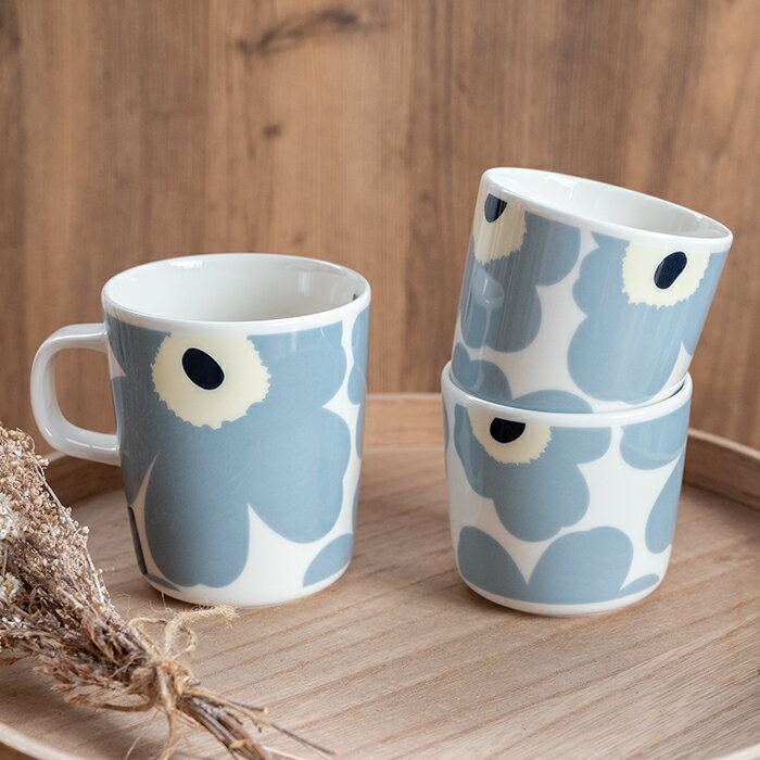 日本別注色 marimekko マリメッコ UNIKKO ウニッコ ホワイト×ブルーグレー×バターイエロー col:[マグカップ・ラテマグ・ラテマグ2個セット箱入り]の全3種からお選びください