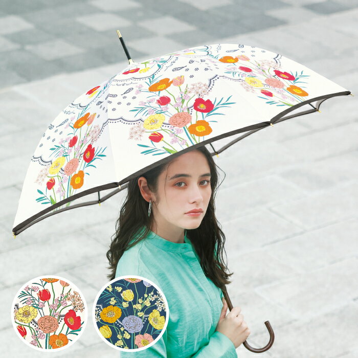 2025SS フラワースカーフ 全2色 アイボリー / ネイビー 親骨58cm because ビコーズ 雨の日 長傘 雨傘 紫外線遮蔽80％ 親骨58cm