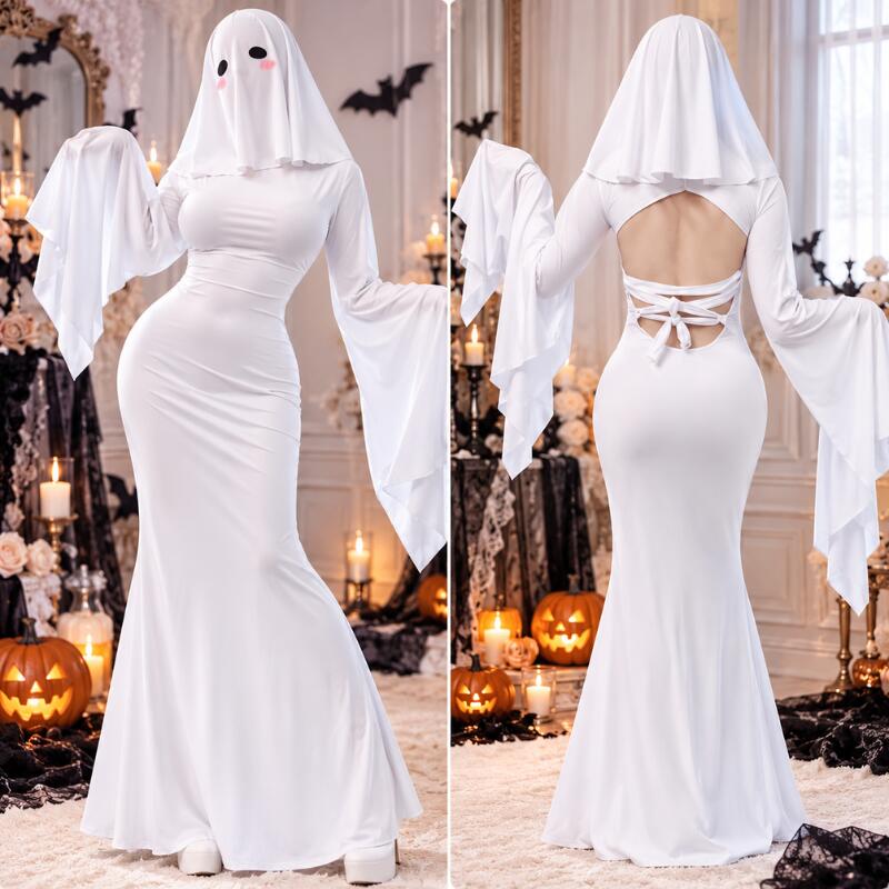 【オリジナルデザイン】SENMHS ゴーストブライド コスプレ 花嫁 幽霊 bride ドレス ホワイト マスク付き ハロウィン 仮装 レディース 撮影会 パーティー cosplay