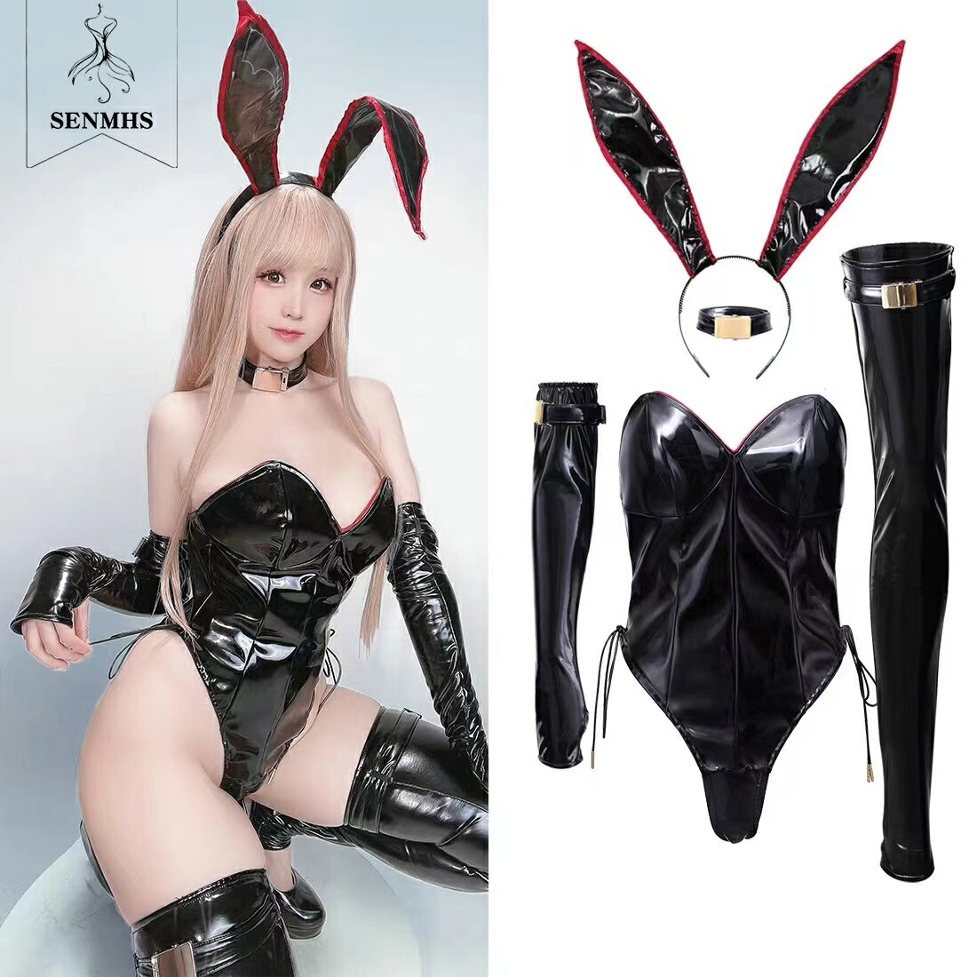 乐天商城 - 【予約】SENMHS光沢エナメル バニーガール 全身タイツ風 コスプレ セクシーランジェリー うさ耳付き バニーコスチューム レディース 黒 大人 可愛い 兎 コス 下着 仮装 撮影会