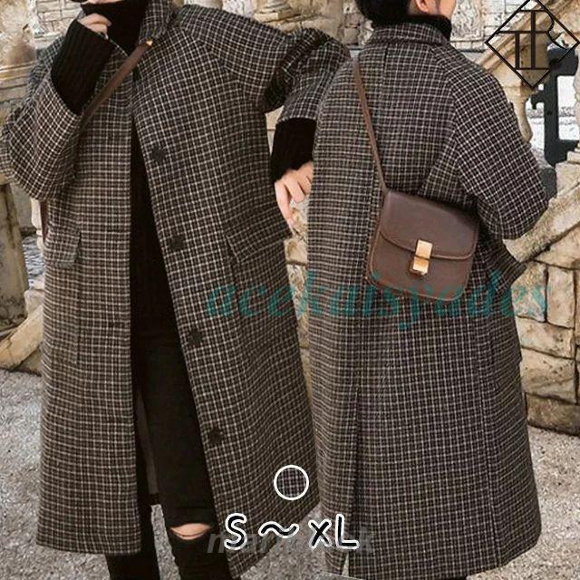 コート レディース ロングコート アウター ジャケット 上着 大きいサイズ 秋 冬 ステンカラー チェック柄 レトロ ストレート ドロップショルダー 体型カバー...