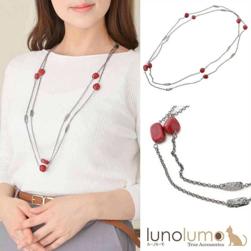 【メール便送料無料】SALE クラシカルレッド ダークレッドとブラックメタルのステーションネックレス N