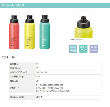 《Peacock(ピーコック)》ステンレスボトル ストレートドリンク AJD-61 CR コーラル 0.6L