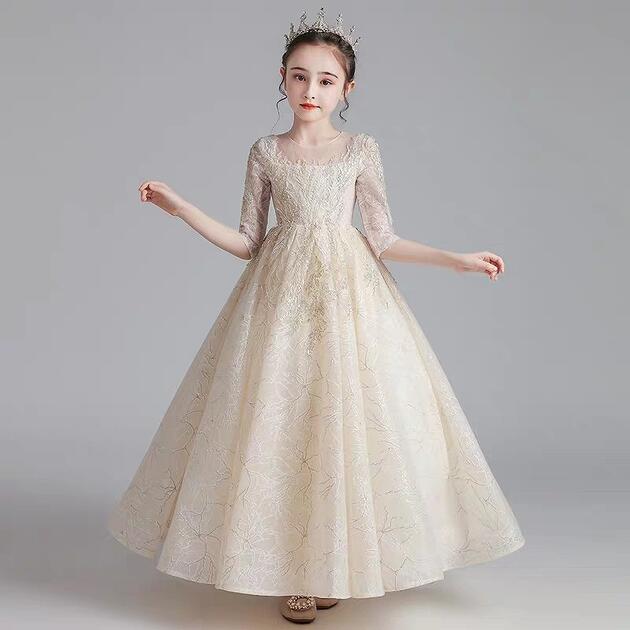 子供ドレス　ピアノ発表会ドレス　子供フォーマルドレス　フラワーガール　シャンパンゴールド　子供服　女の子ドレス　プリンセスドレス　コンクールドレス　お誕生会　結婚式ドレス　キッズドレス　140cm