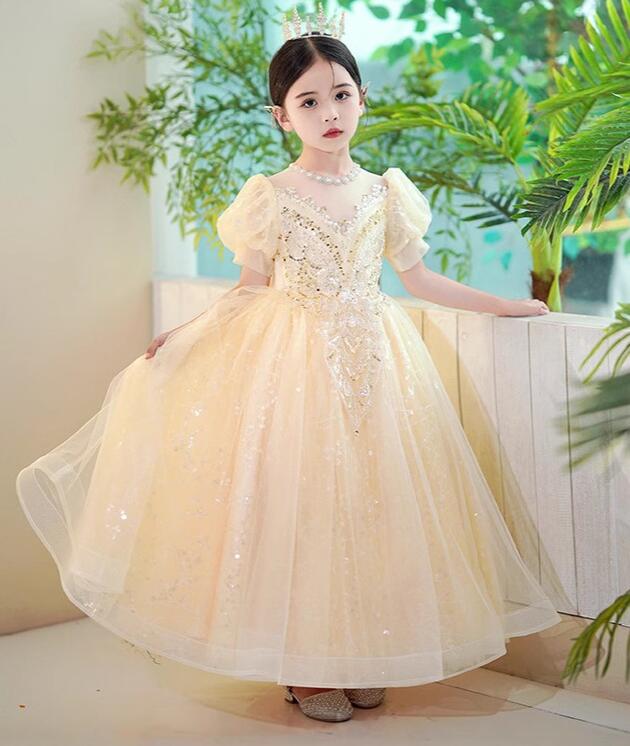 Rakuten - 子供ドレス　ピアノ発表会ドレス　子供フォーマルドレス　フラワーガール　女の子ドレス　プリンセスドレス　七五三撮影ドレス　スコンクールドレス　演奏会　お誕生会　結婚式　キッズドレス　ゴールド　ホワイト　110cm ~160cm