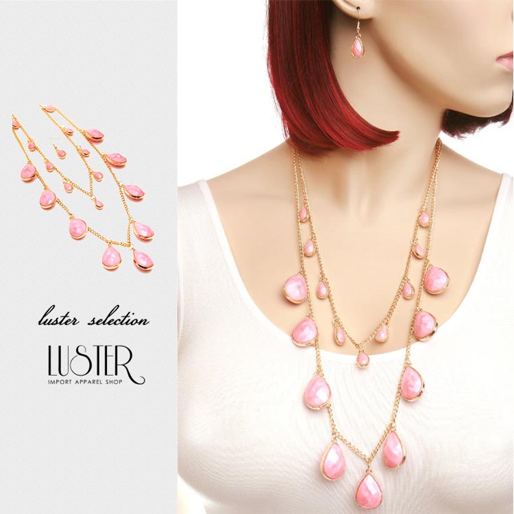 【メール便不可】〈アウトレット〉【ラッピング可】ティアードドロップピンクストーンネックレス&ピアスセット/インポートアクセサリー 海外インポート LA 西海岸 ...