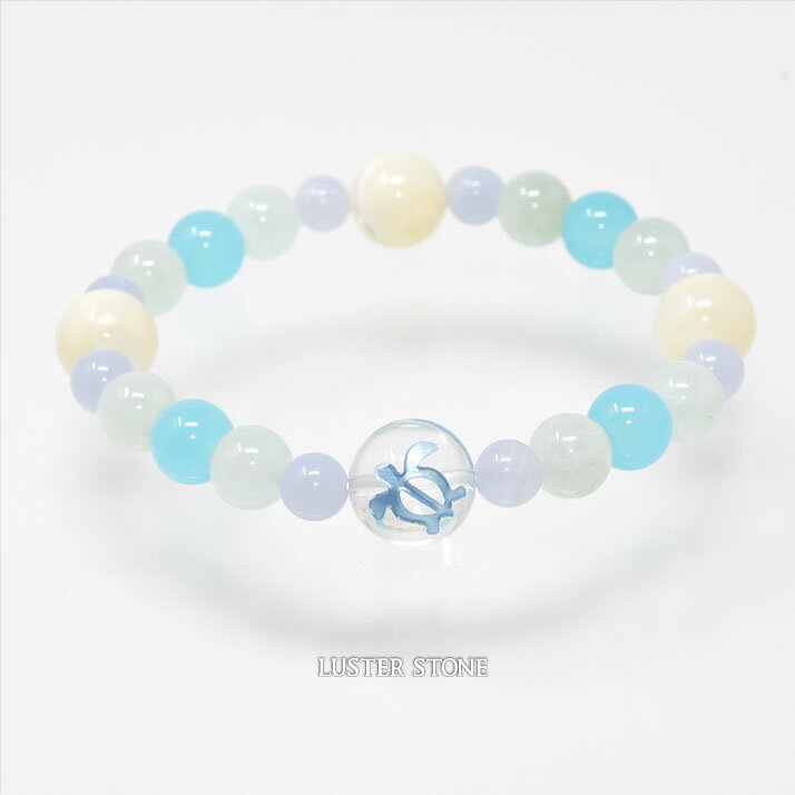 天然石 オリジナルデザインブレスレット クォーツ（ホヌ） シーブルーカルセドニー マザーオブパール プレナイト ブルーレースアゲート パワーストーン プレゼント 開運 ギフト レディース
