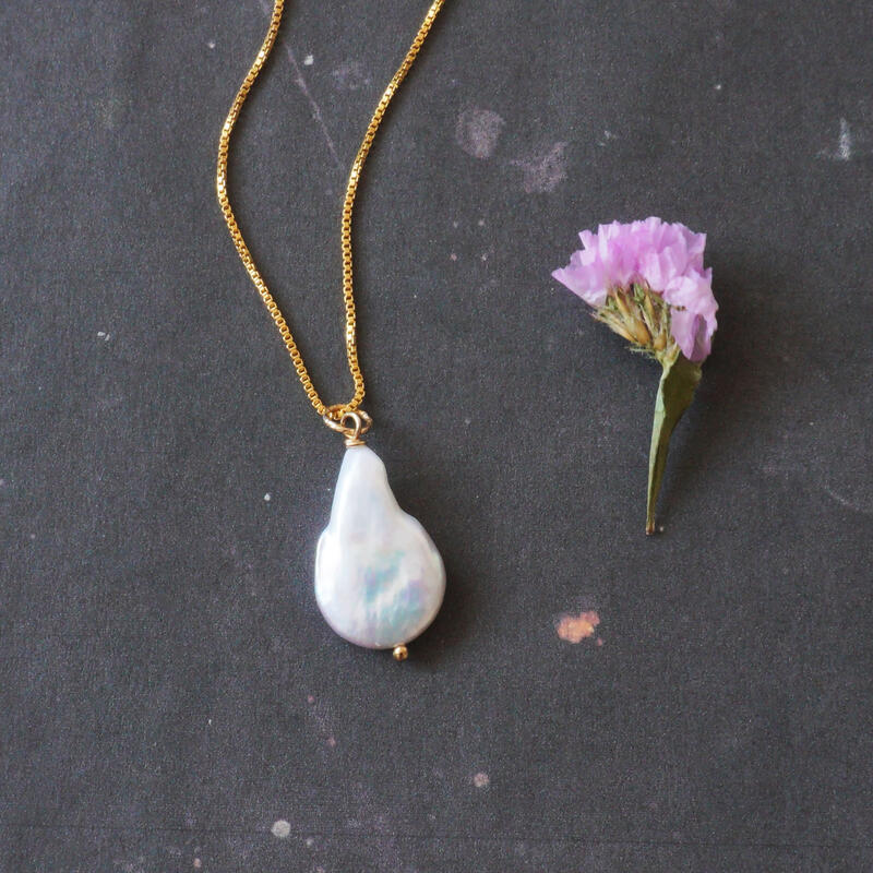 バロックパール 1粒 ネックレス ゴールド 大ぶり ベネチアンチェーン ネックレス 天然石 ゴールドフィ..