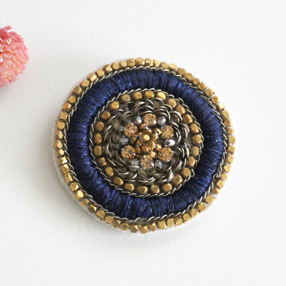 CITRUS シトラス ブローチ 刺繍 スパンコール ラインストーンボリューム ネイビー ゴールド キラキラ ..
