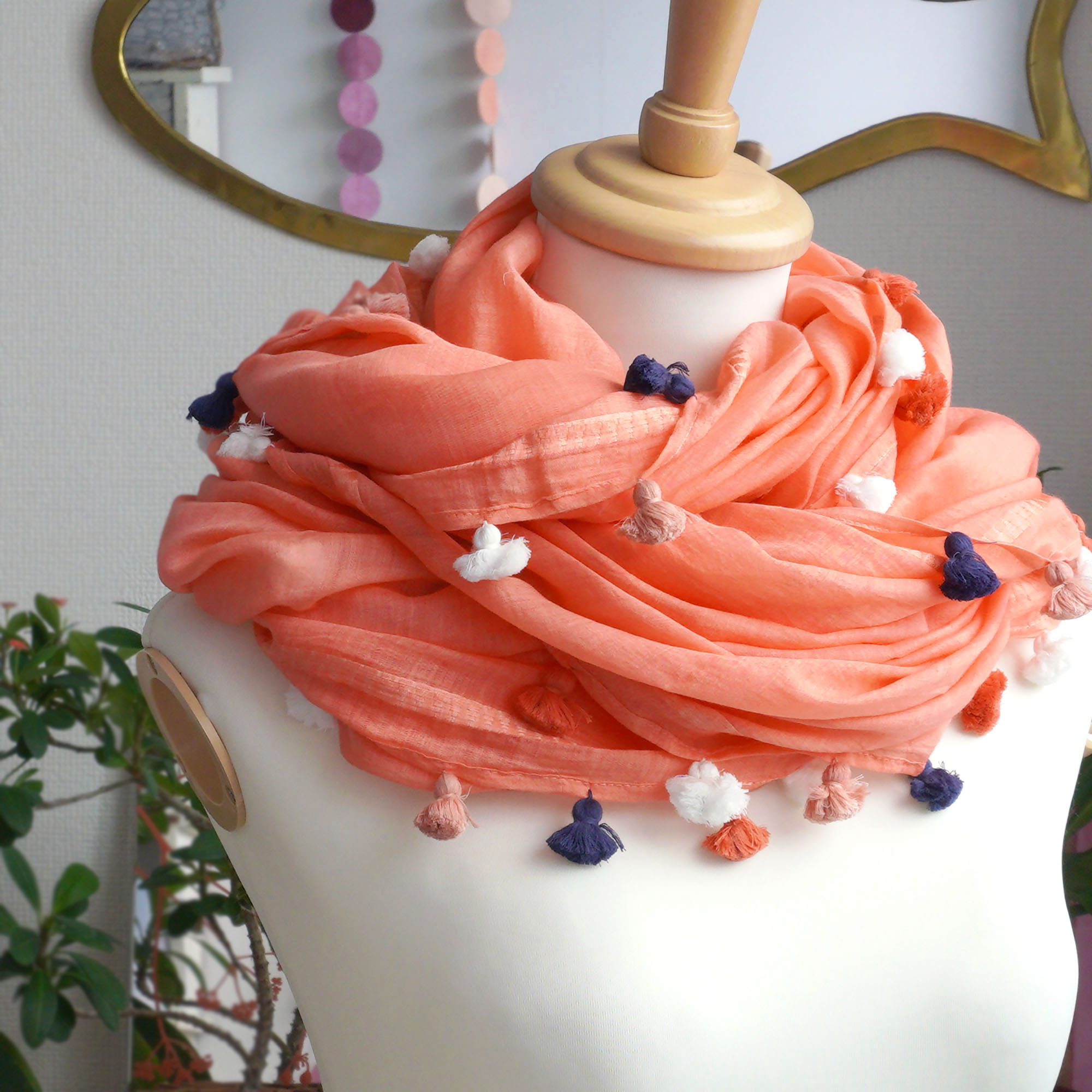 Rakuten - シトラス CITRUS ストール 大判 春夏 ミックス ポンポン コットン シルク ストール レディース 薄手 冷房対策 UV コーラル