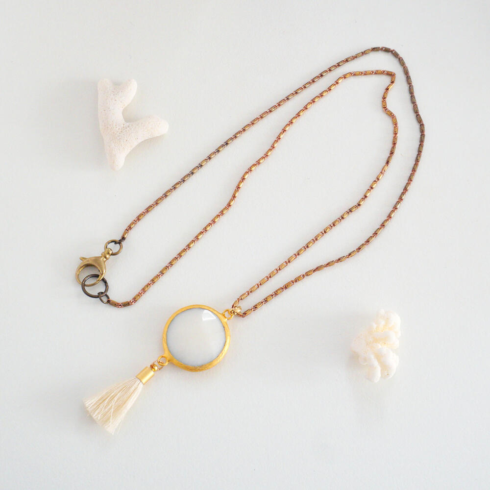 ホワイト 天然石 ロングネックレス ジェード 大粒 ヴィンテージ チェーン ボリューム アクセサリー 大ぶり