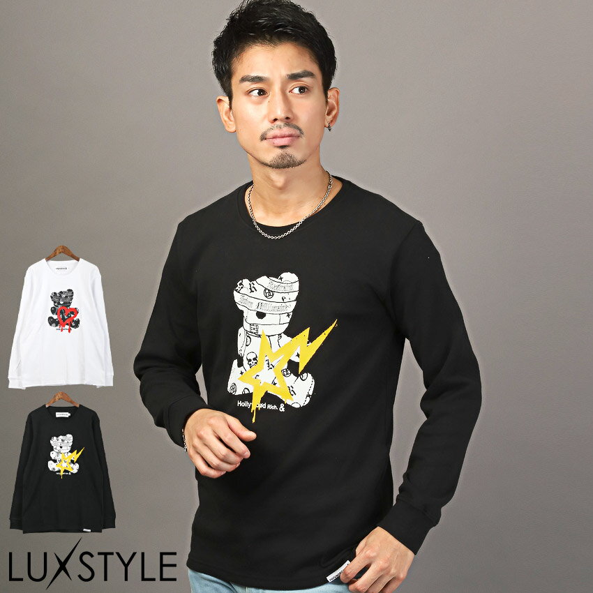 ▲送料無料▲ ロンT メンズ 長袖 Tシャツ バックプリント ロゴ トップス カットソー【Hollywood rich.&(ハリウッドリッチ)ペイントパンクベアロンT】メンズロンT クルーネック ベア クマ イラスト ペイント 落書き ビター系 BITTER aa-2732