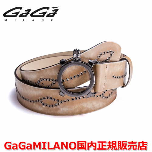 【国内正規品】GaGa MILANO ガガミラノ Men's Ladies/メンズ レディース スタッズベルト PVD×ホワイトストーン ベージュ/茶　40mm