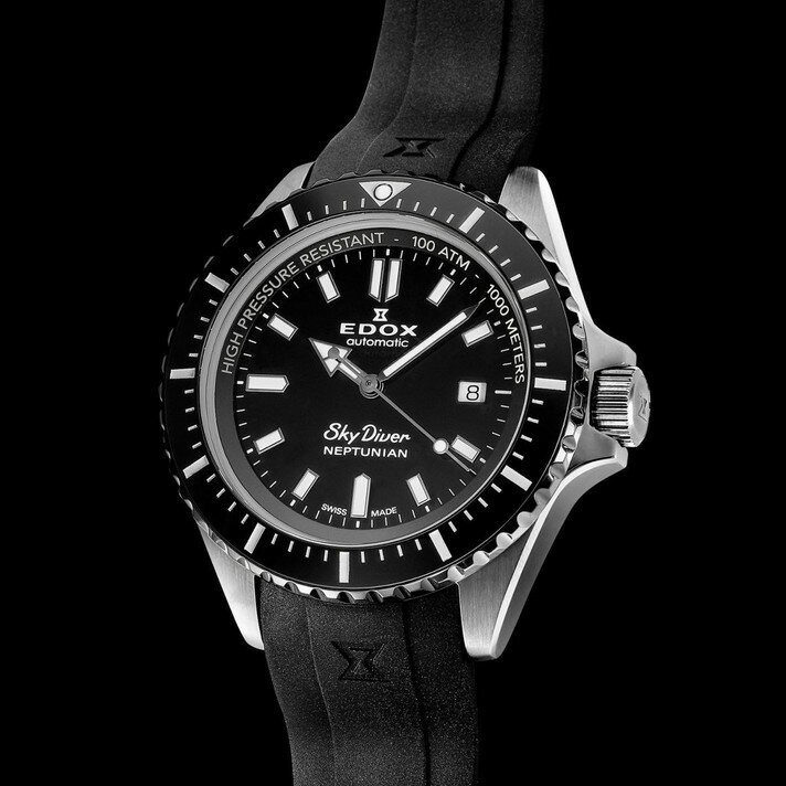 【国内正規品】EDOX エドックス スカイダイバー ネプチュニアン オートマティック SKYDIVER NEPTUNIAN AUTOMATIC メンズ 腕時計 自動巻き ラバーベルト ブラック文字盤 黒 80120-3NCA-NIN