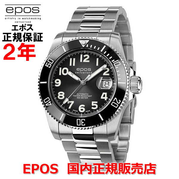 エポス 腕時計（メンズ） 国内正規品 EPOS エポス メンズ 腕時計 自動巻き Sportive Diver スポーティブ ダイバー ブラック文字盤 黒 チタンブレスレット 3504TIBKM