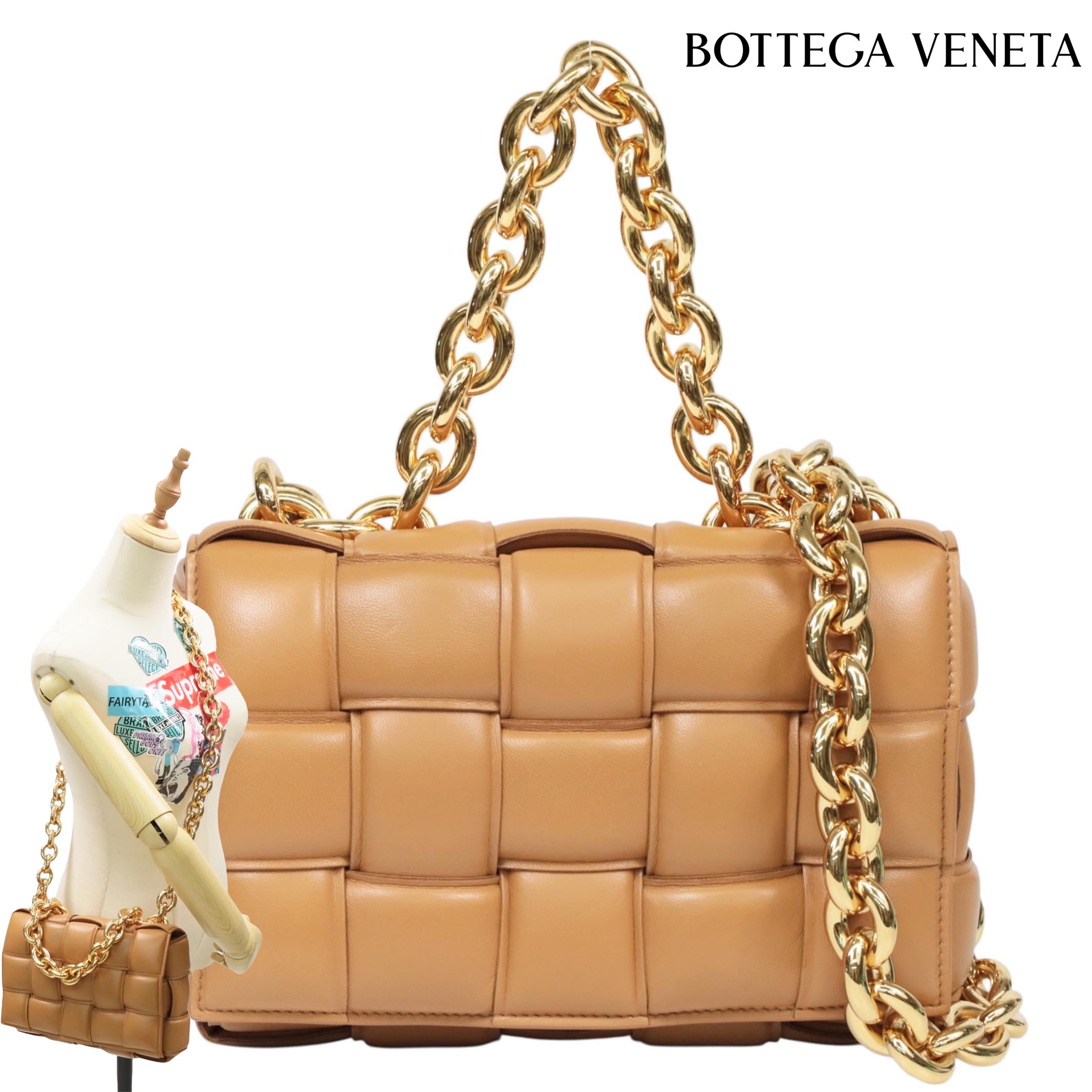 Rakuten - 【返品OK】【新品同様】Bottega Veneta ボッテガヴェネタ ナッパ イントレチャート パデッド チェーン カセット サッチェルバッグ ショルダーバッグ トップハンドル チェーン ブラウン ゴールド