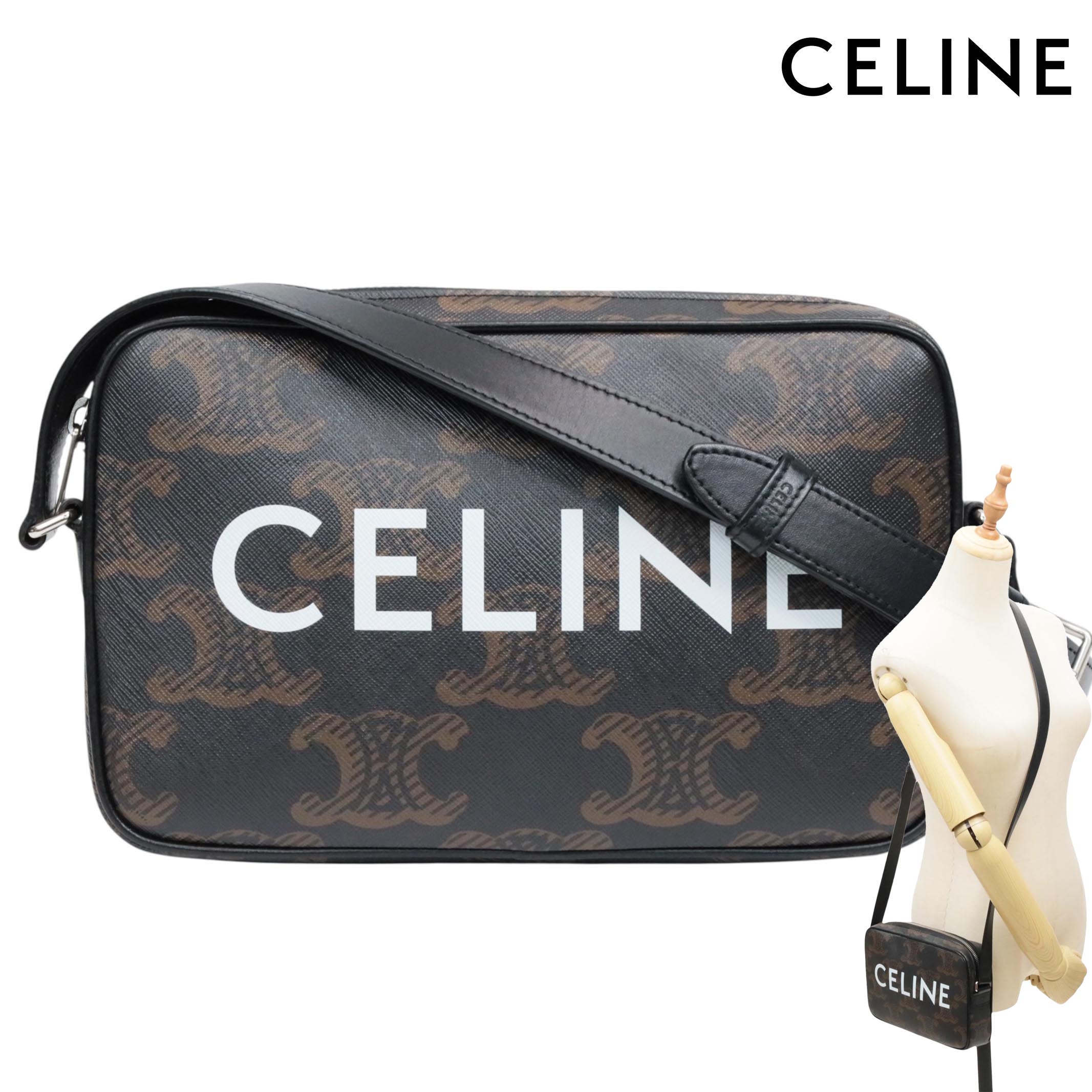 【返品OK】【中古ABランク】CELINE セリーヌ トリオンフ ロゴ ショルダーバッグ PVC メンズ レディース タン メッセンジャー