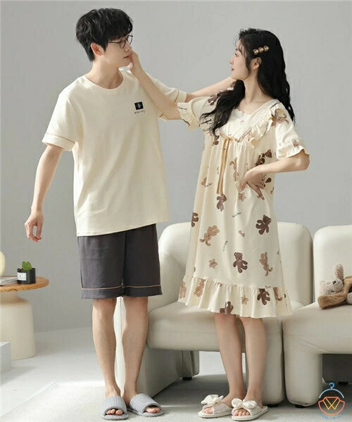 ペア パジャマ 半袖 夏 男女2着 セット メンズ ルームウェア パジャマ 春夏 レディース ワンピース 綿100% ペアパジャマ ギフト おしゃれ カップル ペア 結婚祝い プレゼント スウェット 上下セット 部屋着 パジャマ カップル お揃い プレゼント ペアルック クマ 可愛い