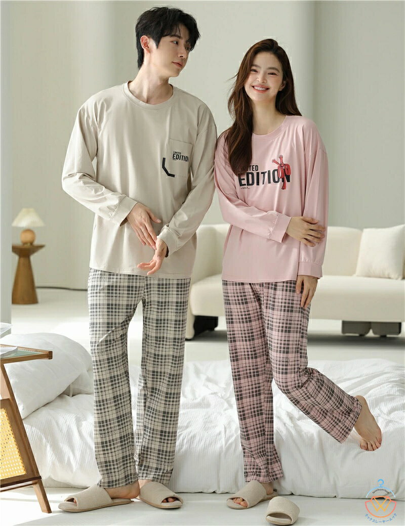ラックスレーヤールックのペア パジャマ 長袖 男女2着 セット 秋 冬 シンプル カジュアル カップル ペア ルームウェア 春秋 ペアパジャマ 冬 結婚祝い プレゼント お祝い カップル おもしろ ペア パジャマ 夫婦 ギフト 上下セット レディース 部屋着 カップル メンズ パジャマ 綿｜アングル3