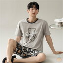 パジャマ メンズ 半袖 ポリエステル クマ 可愛い カジュアル セットアップ 夏用 ルームウェア メンズパジャマ 上下セット 紳士 おしゃれ 春 夏 パジャマメ...