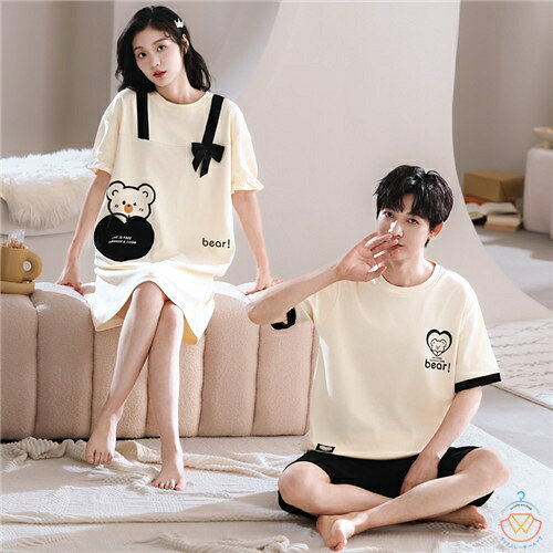 ペア パジャマ 半袖 夏 男女2着 セット メンズ ルームウェア パジャマ 春夏 レディース ワンピース 綿100% ペアパジャマ ギフト おしゃれ カップル ペア 結婚祝い プレゼント スウェット 上下セット 部屋着 パジャマ カップル お揃い プレゼント ペアルック クマ
