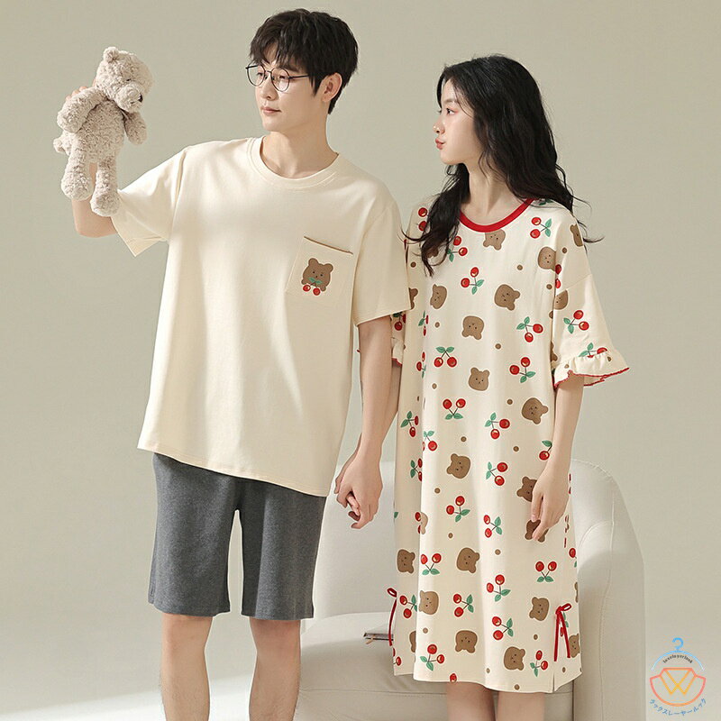 ペア パジャマ 半袖 夏 男女2着 セット メンズ ルームウェア パジャマ 春夏 レディース ワンピース 綿 ペアパジャマ ギフト おしゃれ カップル ペア 結婚祝い プレゼント スウェット 上下セット 部屋着 パジャマ カップル お揃い プレゼント クマ 可愛い