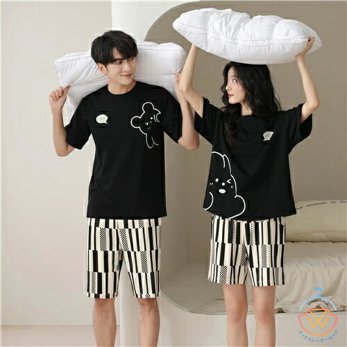ペア パジャマ 半袖 夏 男女2着 セット メンズ ルームウェア パジャマ 春夏 レディース 綿100% ペアパジャマ ギフト おしゃれ カップル ペア 結婚祝い プレゼント スウェット 上下セット 部屋着 パジャマ カップル お揃い プレゼント ペアルック カジュアル クマ 可愛い